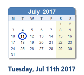 July 11, 2017 calendar
