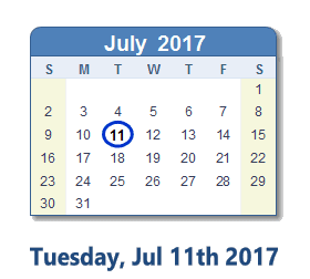 July 11, 2017 calendar