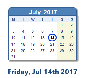 July 14, 2017 calendar