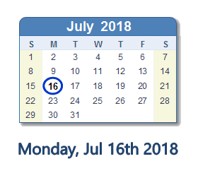 July 16, 2018 calendar