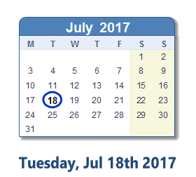 July 18, 2017 calendar