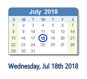 July 18, 2018 calendar