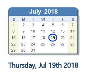 July 19, 2018 calendar