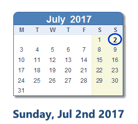 July 2, 2017 calendar