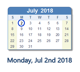 July 2, 2018 calendar