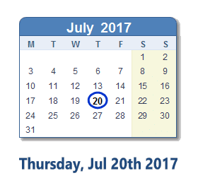 July 20, 2017 calendar