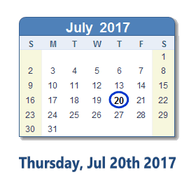 July 20, 2017 calendar