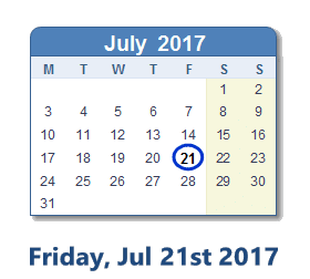 July 21, 2017 calendar