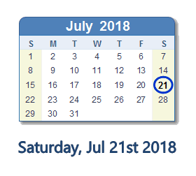 July 21, 2018 calendar