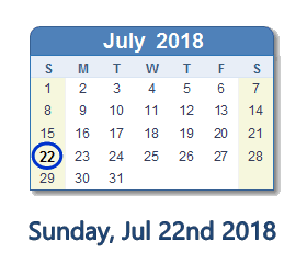 July 22, 2018 calendar