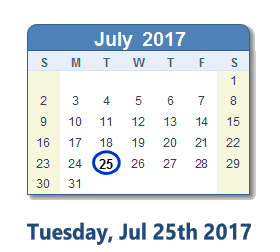 July 25, 2017 calendar