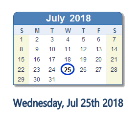 July 25, 2018 calendar