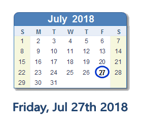 July 27, 2018 calendar