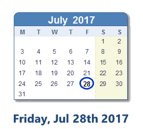 July 28, 2017 calendar