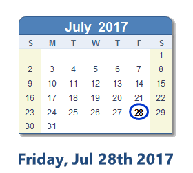July 28, 2017 calendar