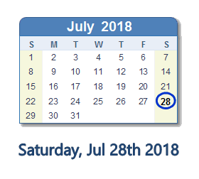July 28, 2018 calendar