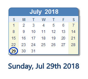 July 29, 2018 calendar