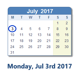 July 3, 2017 calendar