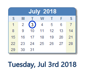 July 3, 2018 calendar