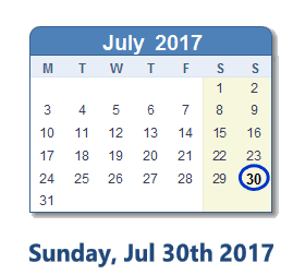 July 30, 2017 calendar
