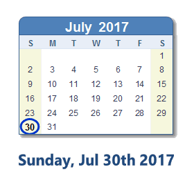 July 30, 2017 calendar