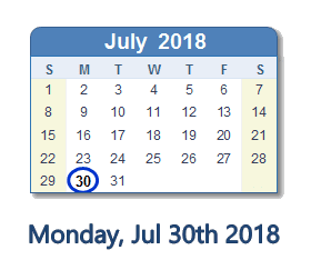 July 30, 2018 calendar