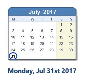 July 31, 2017 calendar
