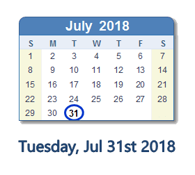 July 31, 2018 calendar