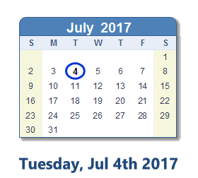 July 4, 2017 calendar