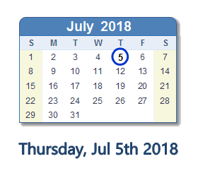 July 5, 2018 calendar