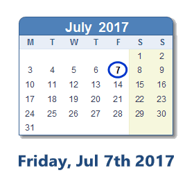 July 7, 2017 calendar