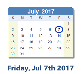 July 7, 2017 calendar