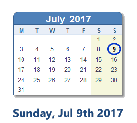 July 9, 2017 calendar
