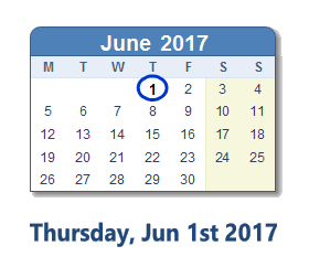 June 1, 2017 calendar