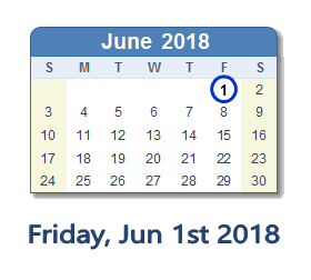 June 1, 2018 calendar