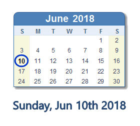 June 10, 2018 calendar