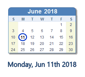 June 11, 2018 calendar