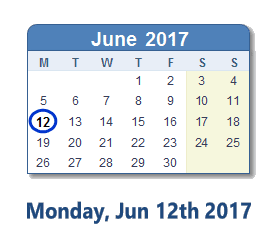 June 12, 2017 calendar