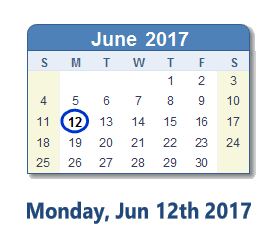 June 12, 2017 calendar