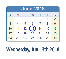 June 13, 2018 calendar