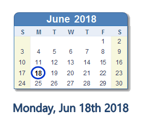 June 18, 2018 calendar