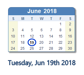 June 19, 2018 calendar
