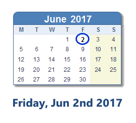 June 2, 2017 calendar