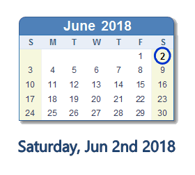 June 2, 2018 calendar