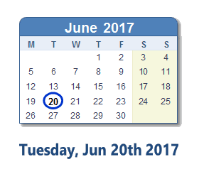 June 20, 2017 calendar