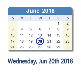 June 20, 2018 calendar