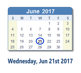 June 21, 2017 calendar
