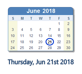 June 21, 2018 calendar