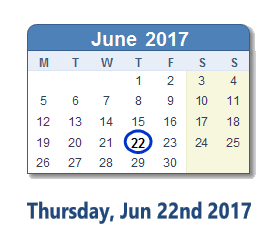 June 22, 2017 calendar
