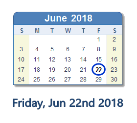 June 22, 2018 calendar